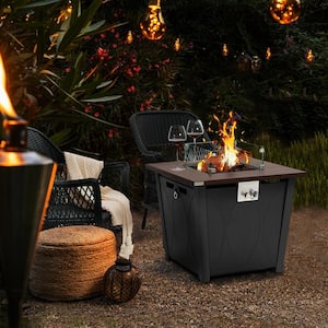 28 in. 40,000 BTU Black Steel Square Steel Outdoor Fire Pit Table with Glass Wind Guard, Lava Stones