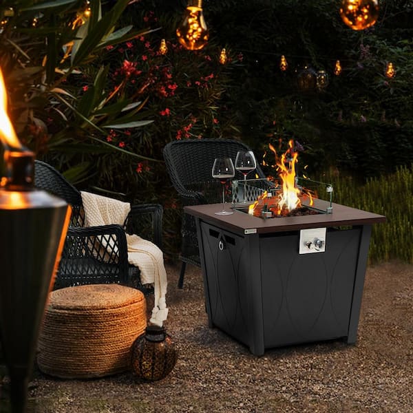 Cesicia 28 in. 40,000 BTU Black Steel Square Steel Outdoor Fire Pit Table with Glass Wind Guard, Lava Stones