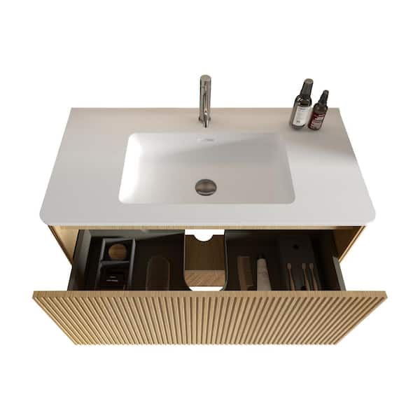 FAMYYT 36 in. W Pre-assembled Single Sink Freestanding Striped Oak