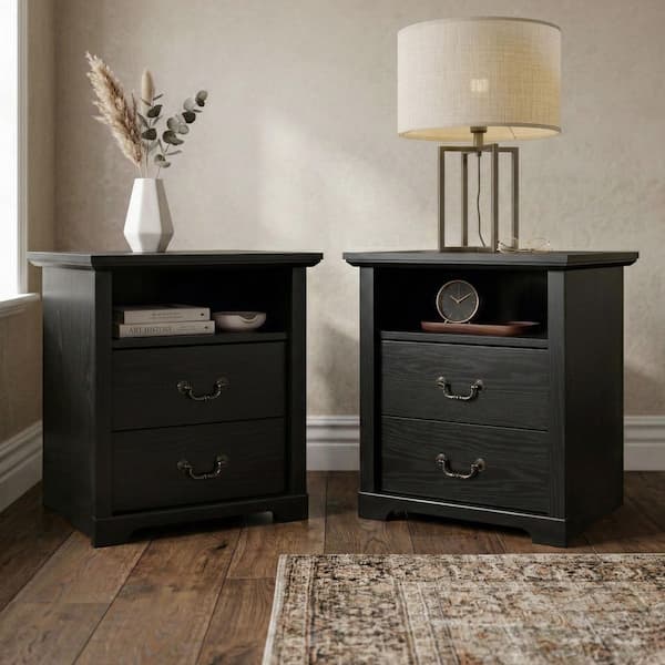 Dena Black 2-Drawer 22 in. W Nightstand Set of 2