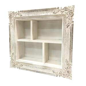 7 in. L x 28 in. W x 26 in. H Distressed White Floral Carved Rectangular Storage Mango Wood Display Wall Shelf