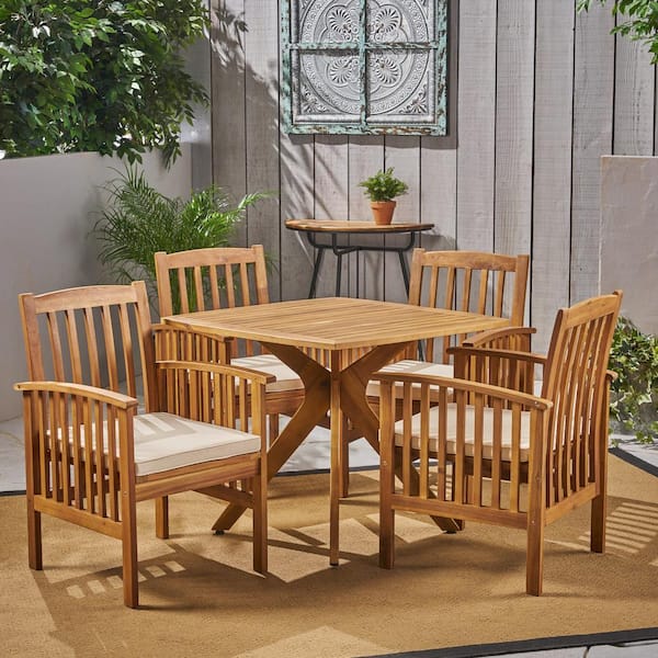 Noble House Casa 30 in. Teak Brown 5-Piece Wood Square Patio Outdoor Dining Set with Cream Cushion