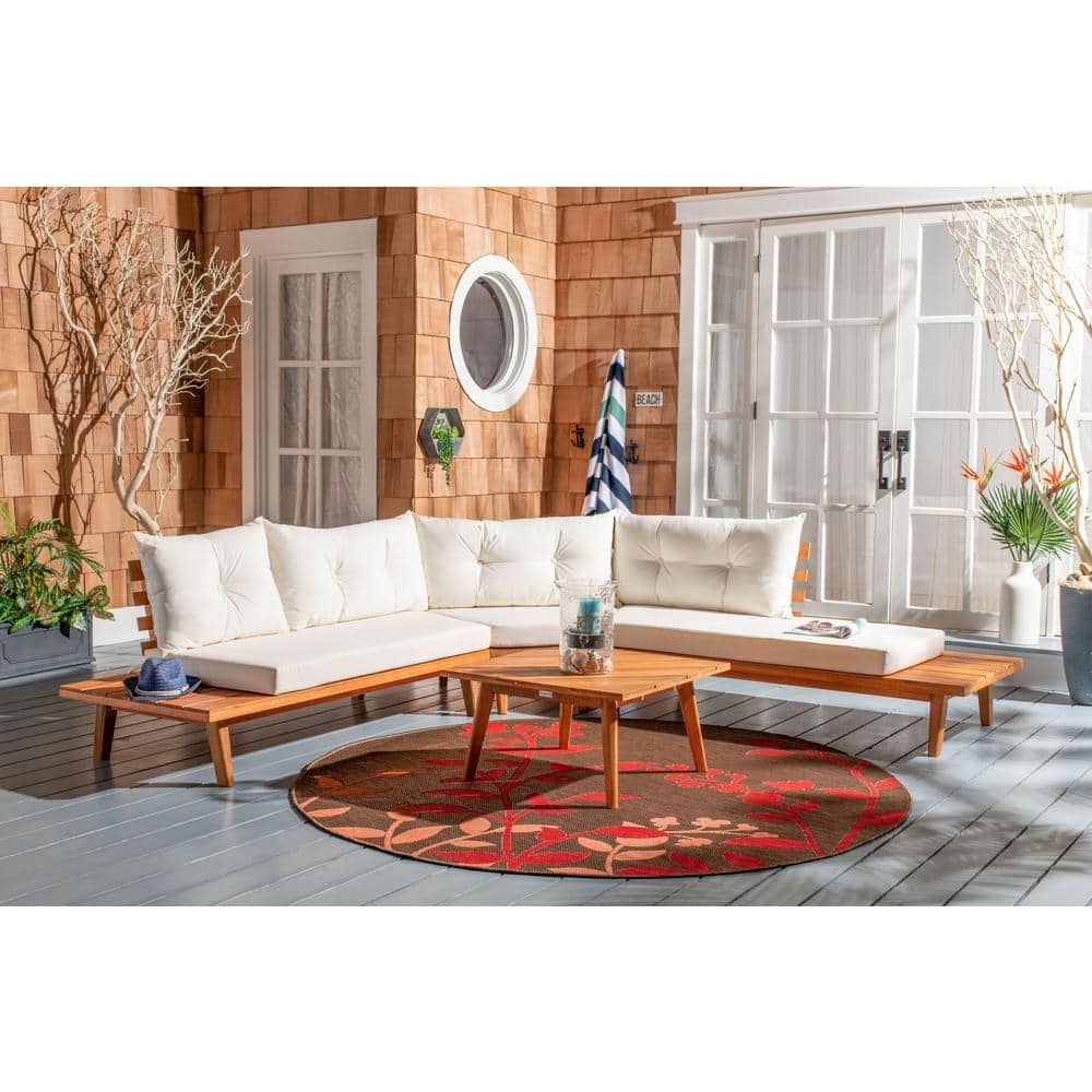 Lansen Natural Acacia Wood 5-Person Outdoor Sectional with Beige Cushions