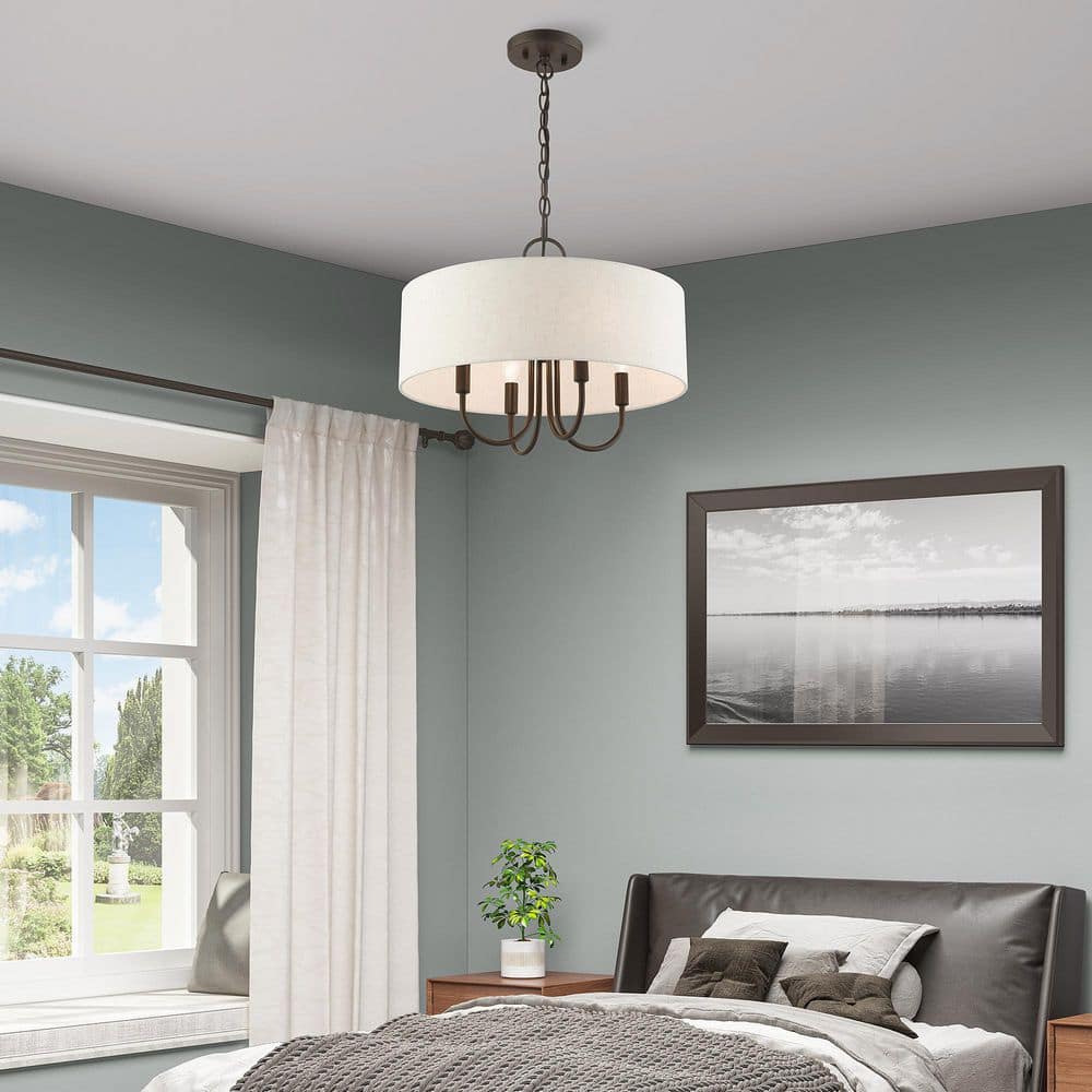 Mini Bronze Drum 4-Light Pendant Chandelier with Oatmeal Shade