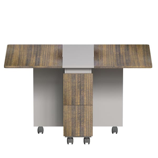 Brown Gray Wood 55 in. Drop Leaf Kitchen Island Dining Table with 4 Chairs and Open Storage Shelves
