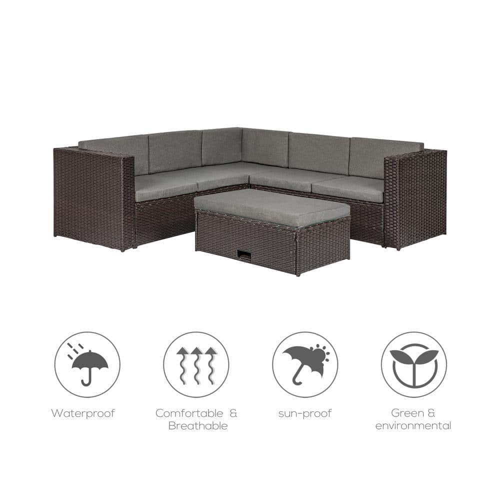 6-Piece Brown and Gray Steel Patio Sectional Set with Storage Ottoman
