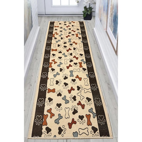 Pet Collection Bones & Paws Cut to Size Beige 26 " Width x Your Choice Length Custom Size Slip Resistant Runner Rug