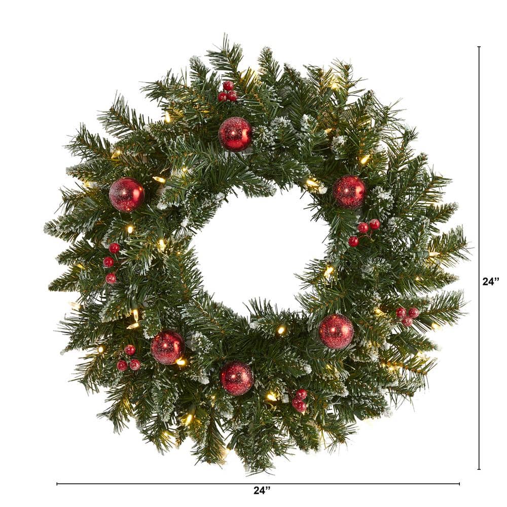 Festive 24" Frosted Artificial Christmas Wreath with Warm LED Lights
