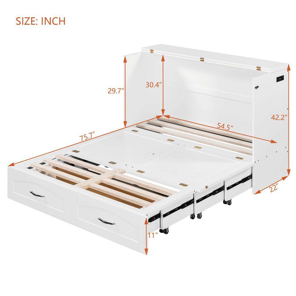 White Wood Frame Queen Size Murphy Bed with Built-in Charging Station, Pulleys and Sliding Rails Design, 2-Drawer - thumbnail 9