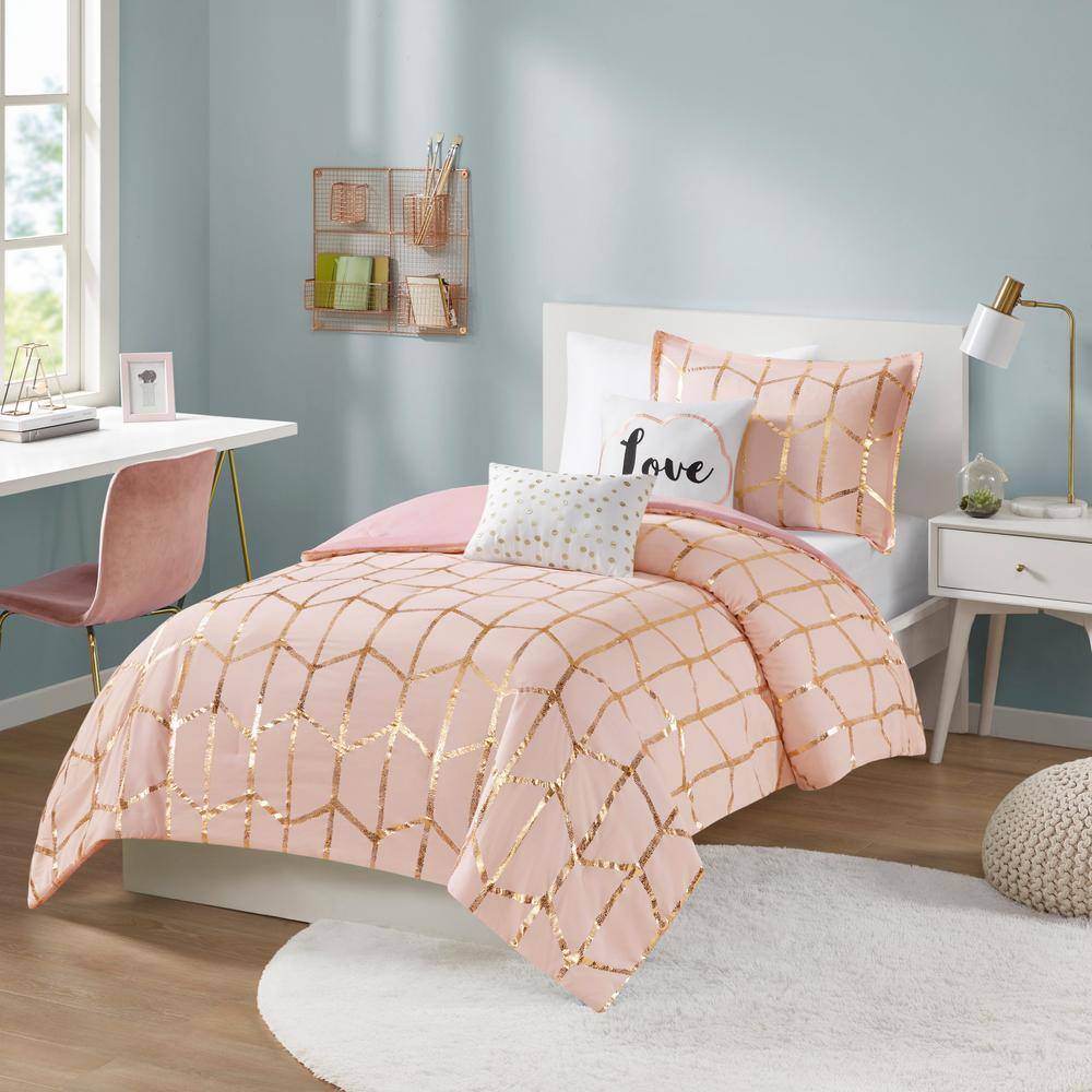 Blush and Gold Twin XL Microfiber Geometric Comforter Set