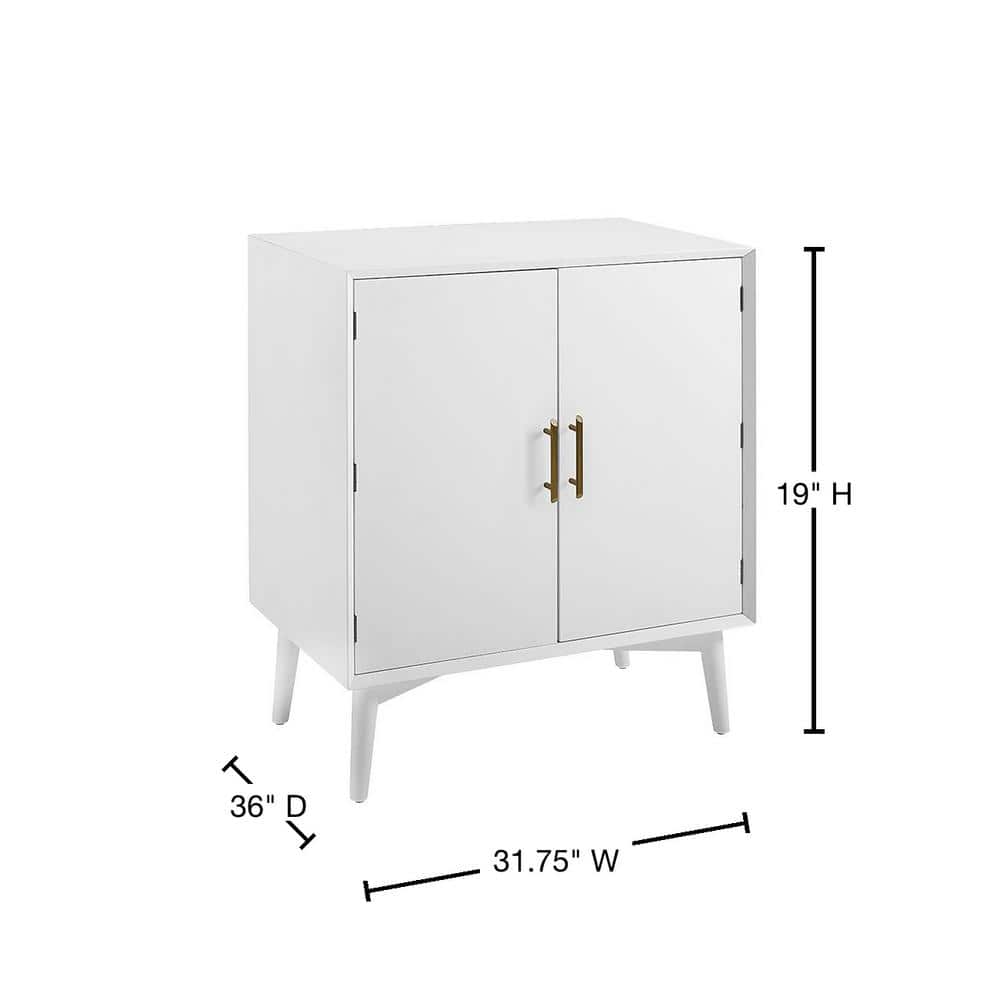 Landon Mid-Century White Bar Cabinet with Antique Brass Handles