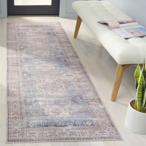 Arizona 3 ft. x 8 ft. Blue/Gray Machine Washable Traditional Medallion Distressed Runner Rug
