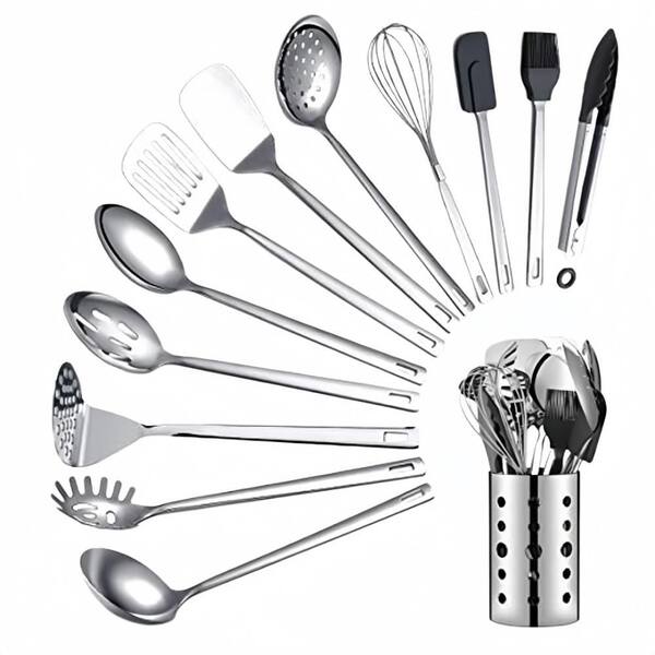 Stainless Steel Cooking Utensil Set with Non-Stick and Holder for Kitchen Use and General Cooking Tasks (13-Pack)