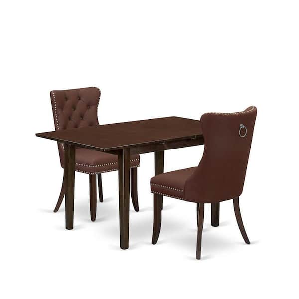 East West Furniture 3-Piece Mahogany Finish Rectangular Solid Wood Top with Butterfly Leaf Dining Table Set