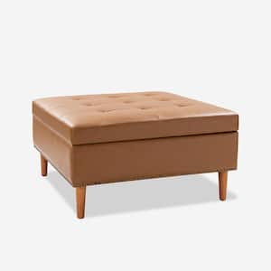 Burkhard Camel Modern Storage Faux Leather Tufted Cocktail Ottoman with Solid Wood Legs