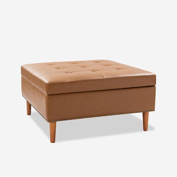JAYDEN CREATION Burkhard Camel Modern Storage Faux Leather Tufted Cocktail Ottoman with Solid Wood Legs