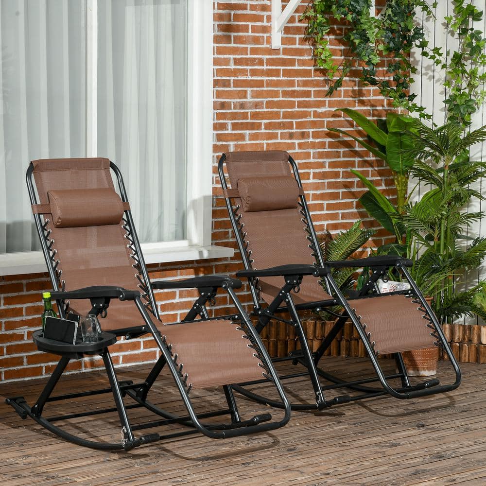 Metal Outdoor Rocking Chair, Reclining Lounge Rockers with Pillow, Cup and 