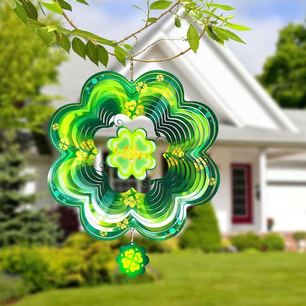 12 in. H Green and Yellow Metal Steel Spring Shamrock Metal Wind