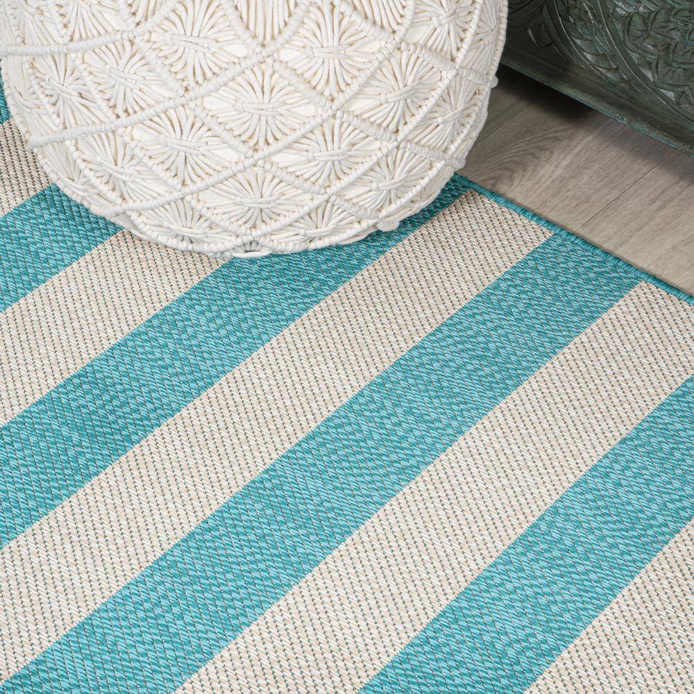 Ivory and Aqua Wide Stripe Reversible Indoor/Outdoor Rug