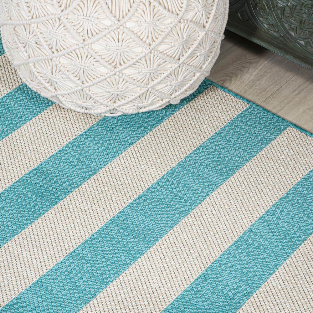 Aqua and Cream Wide Stripe Synthetic Indoor/Outdoor Rug 3x5