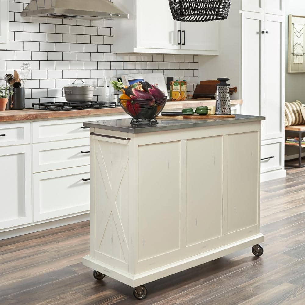 Off-White Rectangular Stainless Steel Top Kitchen Cart with Storage