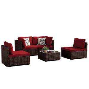 5-Piece Wicker Patio Conversation Seating Set with Red Cushions and Coffee Table