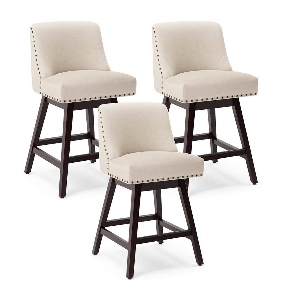 Off-White Linen Upholstered Swivel Counter Stools with Wood Legs, Set of 3