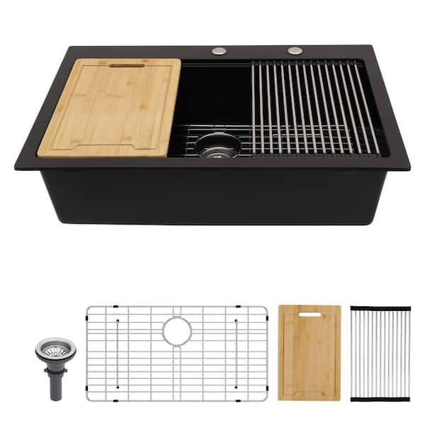 33 in. Drop-In Single Bowl Black Quartz Composite Kitchen Workstation Sink with Drying Rack, Basket Strainer