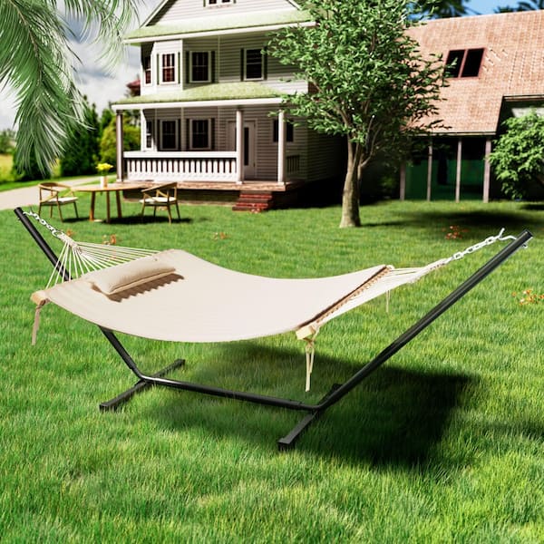 2-Person Beige 12 ft. Heavy-Duty Hammock with Stand and Detachable Pillow, 450 lbs. Capacity