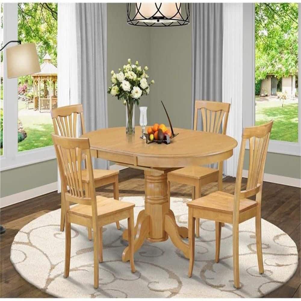 Oak Finish Oval Pedestal Dining Table Set with 4 Slat Back Chairs