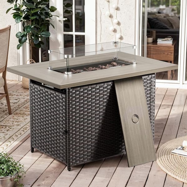 moosprr 41 In. 50000 BTU Rectangle Brown Wicker Outdoor Gas Fire Pit Table with Volcanic Stone