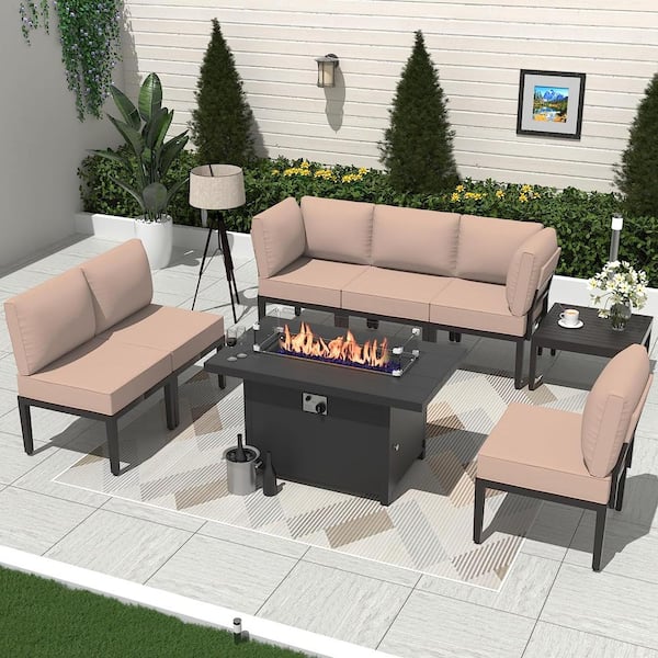 Halmuz 8-Piece Metal Patio Conversation Set with 55000 BTU Gas Fire Pit Table and Glass Coffee Table and Sand Cushions