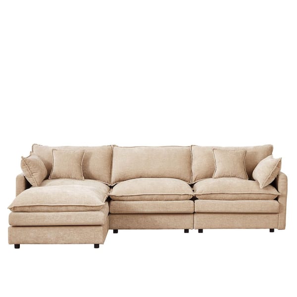Luxury 105 in. Square Arm 4-piece Chenille with Ottoman Sectional Sofa in. Light Brown
