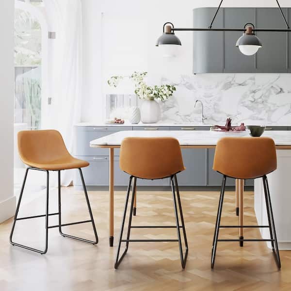 33.5 in. Whiskey Brown Faux Leather Bar Stools Metal Frame Counter Height Bar Stools(Set of 3)