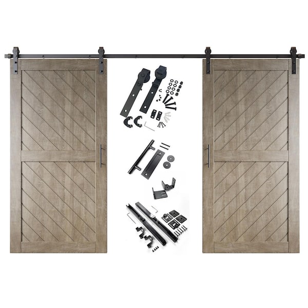 HOMACER XT2 36 in. x 80 in. C-Panel Classic Gray Slanted Stripe Design Double Pine Wood Sliding Barn Door with Hardware Kit