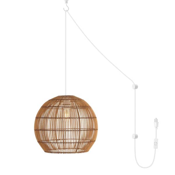 Raya 19 in. 1-Light Farmhouse Coastal Rattan 180 in. Cord Plug-In or Hardwired LED Pendant, Brown