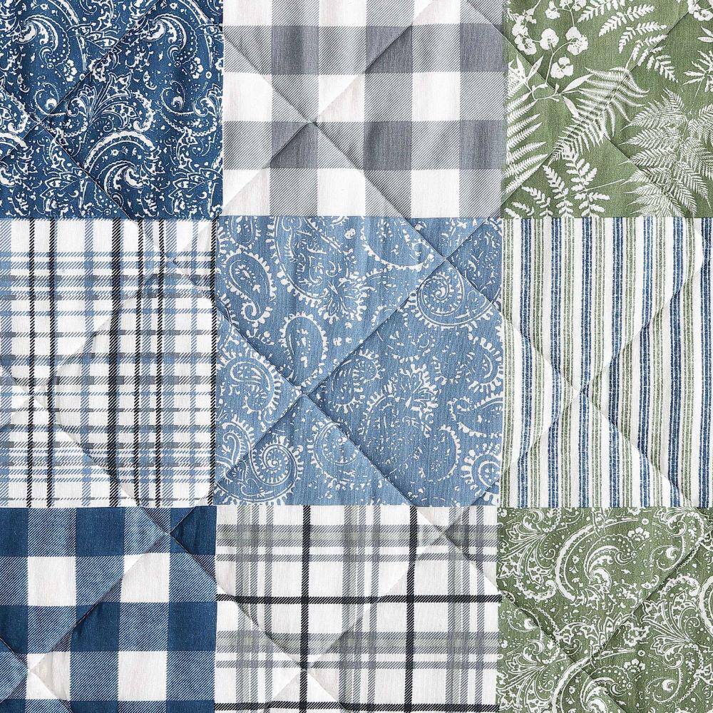 King Blue Cotton Reversible Patchwork Quilt Set