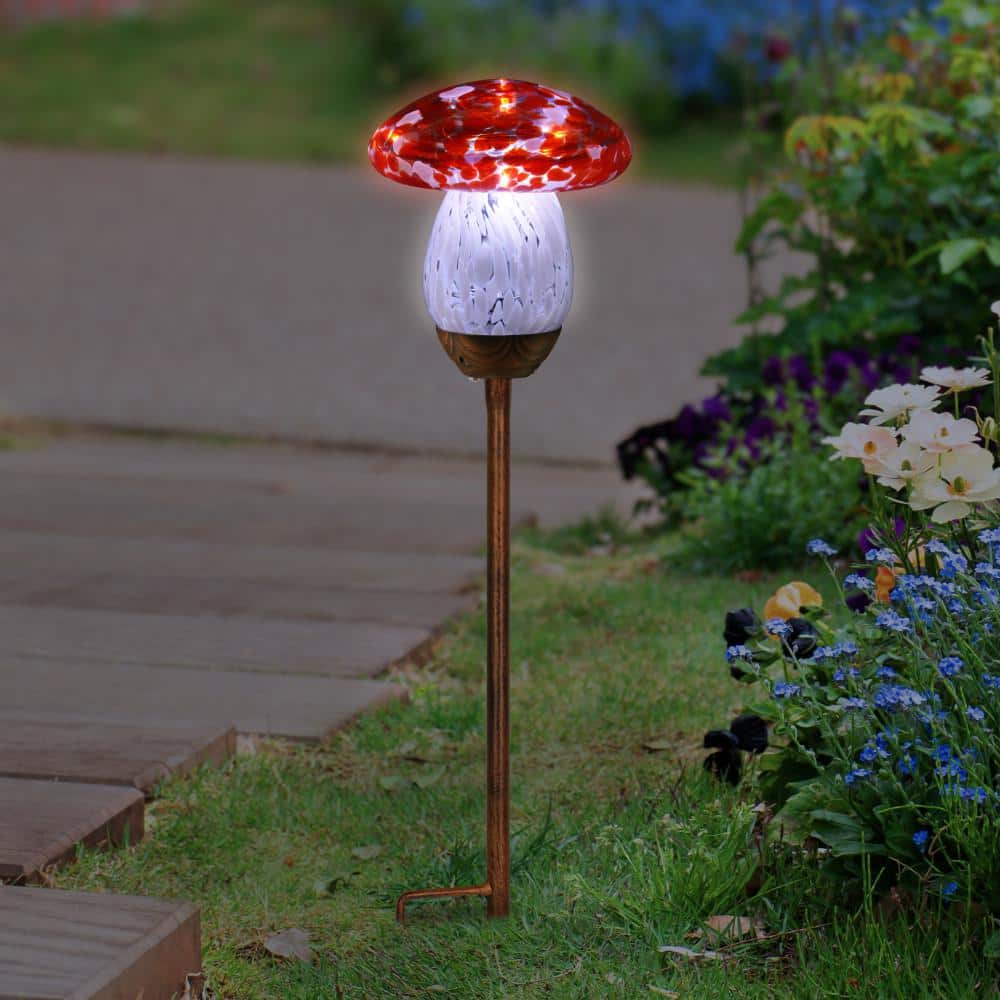 Solar Red and White Glass Mushroom Garden Stake Light