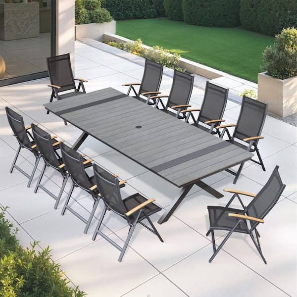 Gray 11-Piece 118 in. Aluminum Wood-Like Rectangular Patio Outdoor Dining Set with Folding Recline Chairs, Umbrella Hole
