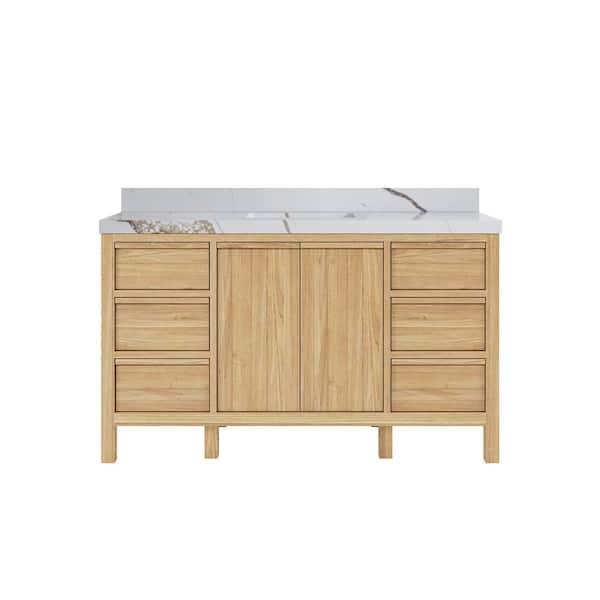 Willow Collections Elizabeth Teak 60 in. W x 22 in. D x 36 in. H Single Sink Bath Vanity in Light Natural with 2 in. Calacatta Gold Qt. Top