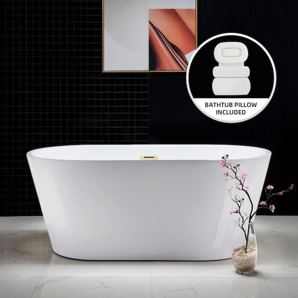 WOODBRIDGE Vicino 59 in. Acrylic Flatbottom Double Ended Bathtub with Brushed Gold Overflow and Drain Included in White