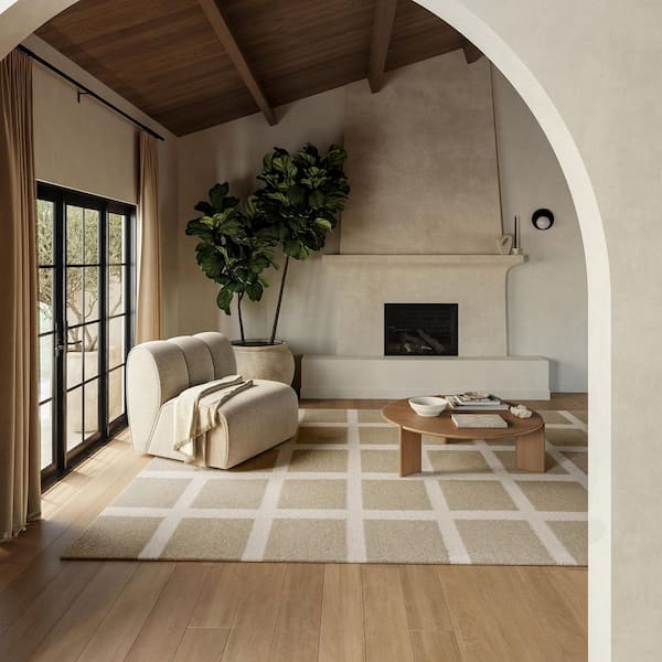 Frenshe Interiors Nepenthe Checked Wool Beige 3 ft. x 5 ft. Indoor/Outdoor Patio Area Rug