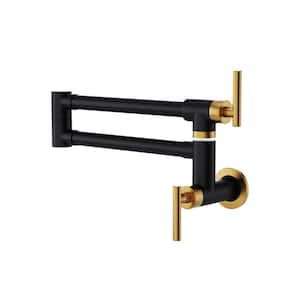Wall Mounted Pot Filler Double Handle Kitchen Faucet Free Rotating Modern 1 Hole Commercial Tap in Matte Black and Gold