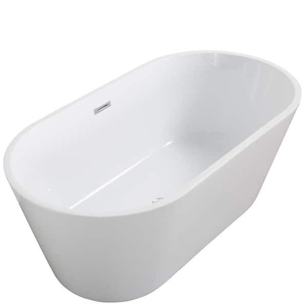 59 in. Acrylic Flatbottom Freestanding Alcove Soaking Bathtub in White and Overflow and Drain