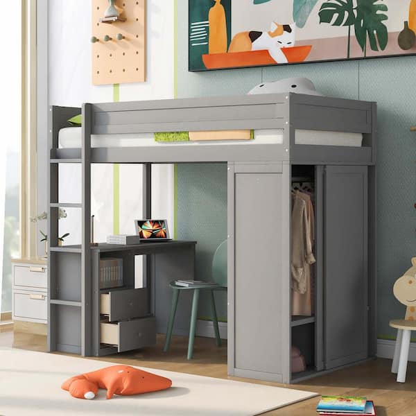 Polibi Wood Twin Size Loft Bed with Wardrobes and 2-Drawer Desk with Cabinet, Gray