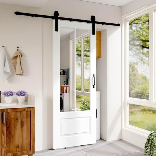 30 in. x 80 in. 2-Lite Mirrored Glass Panel White Primed Pine Wood Barn Door Slab with Full Hardware Kit Set