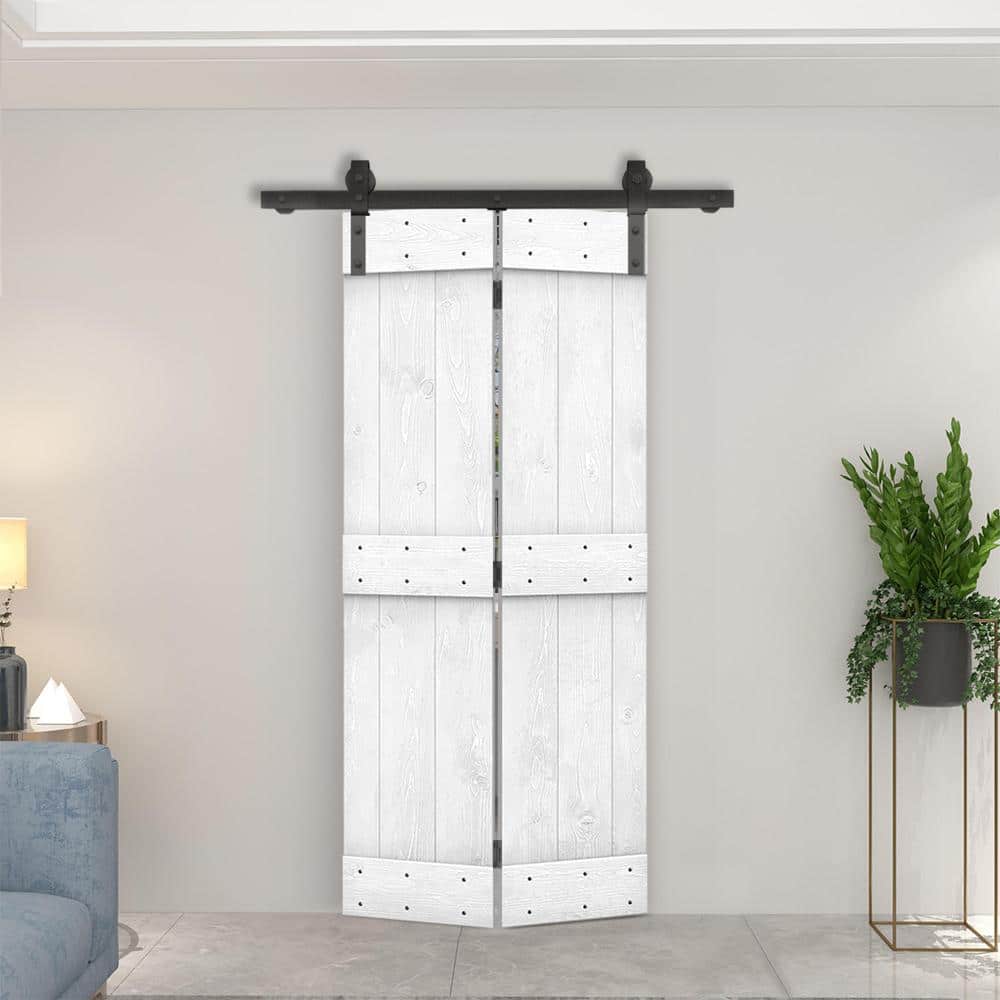 24 in. x 84 in. Mid-Bar Series Solid Core White Stained DIY Wood Bi-Fold Barn Door with Sliding Hardware Kit price history on PriceWatchPro