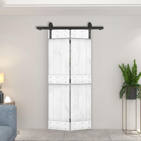CALHOME 24 in. x 84 in. Mid-Bar Series Solid Core White Stained DIY Wood Bi-Fold Barn Door with Sliding Hardware Kit