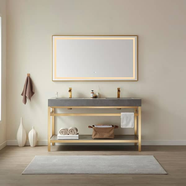 ROSWELL Funes 60 in. W x 22 in. D x 33.9 in. H Double Sink Bath Vanity in Brushed Gold Metal Stand with Grey Sintered Stone Top