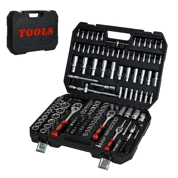 Huluwat 4 Gal. Black Plastic Deck Box, Steel Tools Box (171-Pieces)
